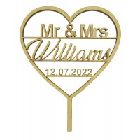 Laser Cut Oak Veneer Personalised 'Mr & Mrs' Large Heart Frame Cake Topper - Surname & Date